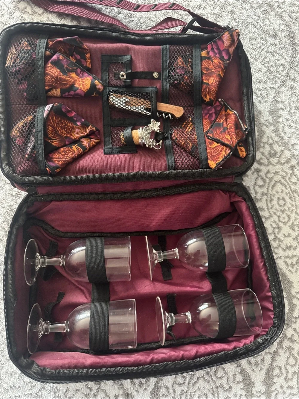 Wine Picnic Set - Burgundy Travel Case with Glasses…Holds 2 Bottles and Snacks